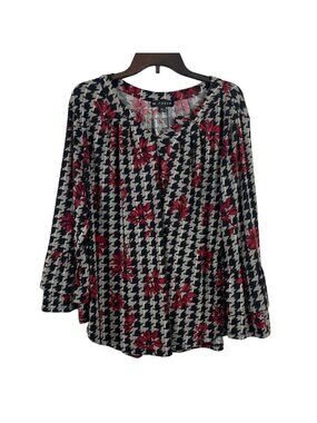N Touch Women V- Neck Pullover Floral Bell Sleeve Blouse Size L